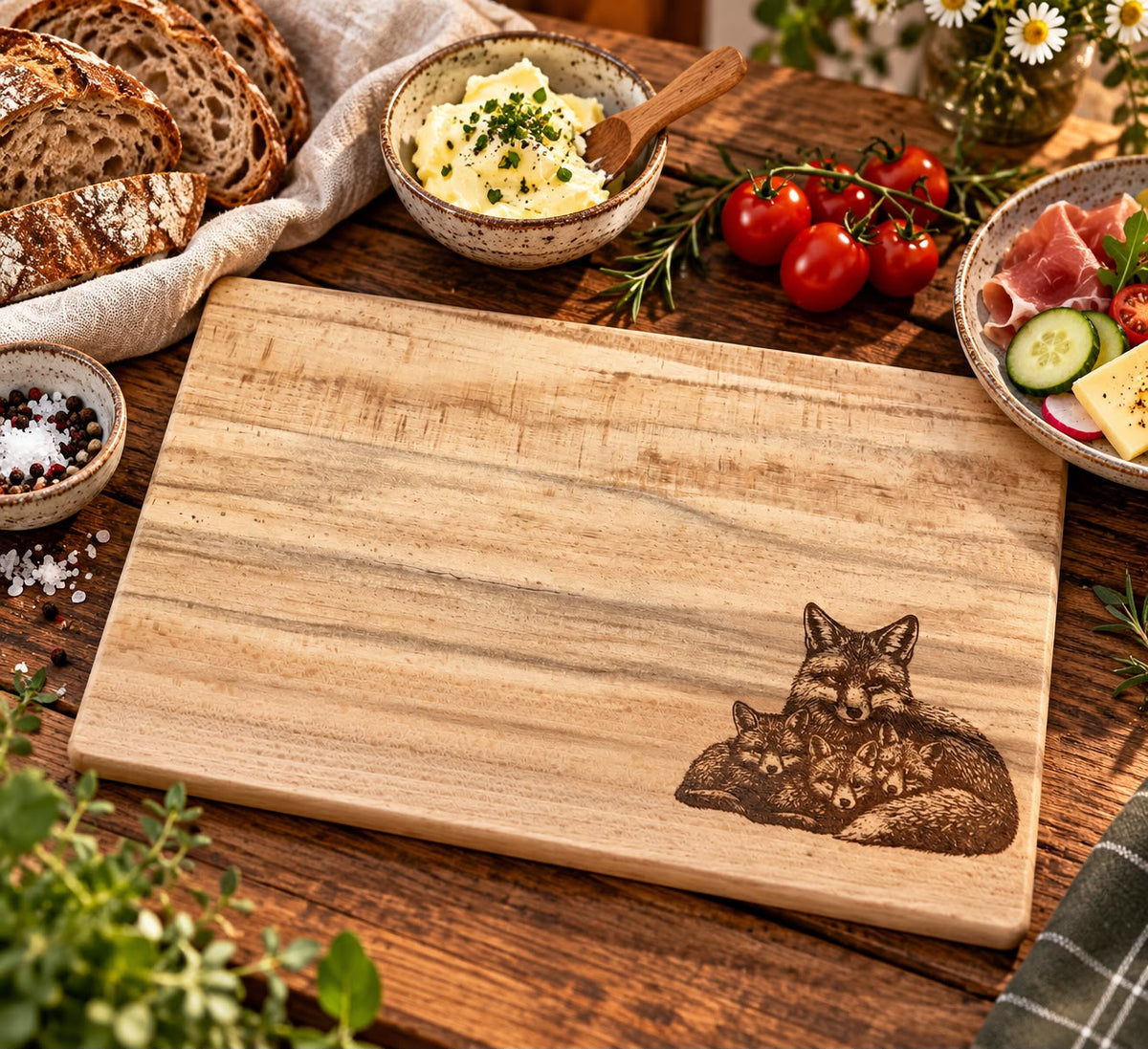 Echtholz Brotzeitbrett mit Gravur Waldtiere
