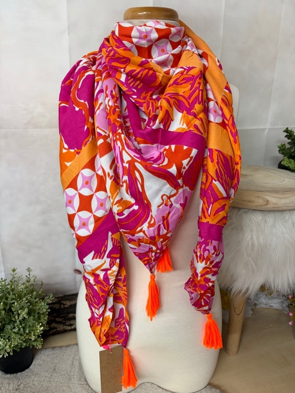 Zwillingsherz Vierecktuch „Gute Laune Mit Troddeln“ in Pink Orange