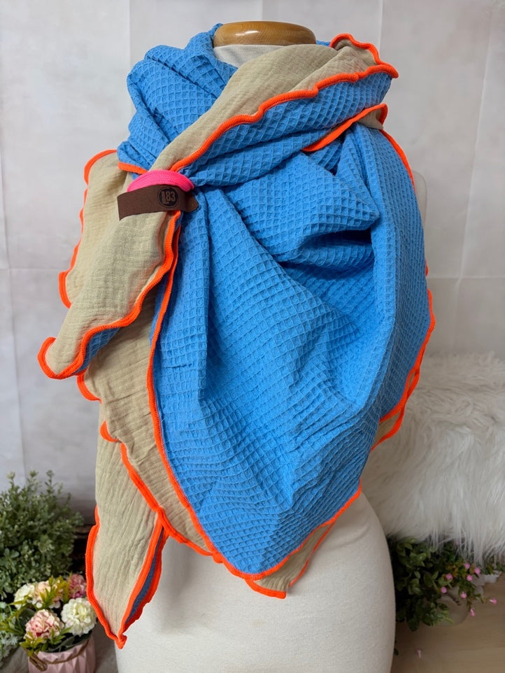 LOT83 Dreieckstuch „Waffelmuster/ Musselin Mailand“ – Blau/ Beige/ Orange