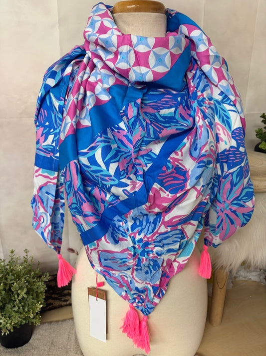 Zwillingsherz Vierecktuch „Flower Power Mit Troddeln“ in Multi/ Blau