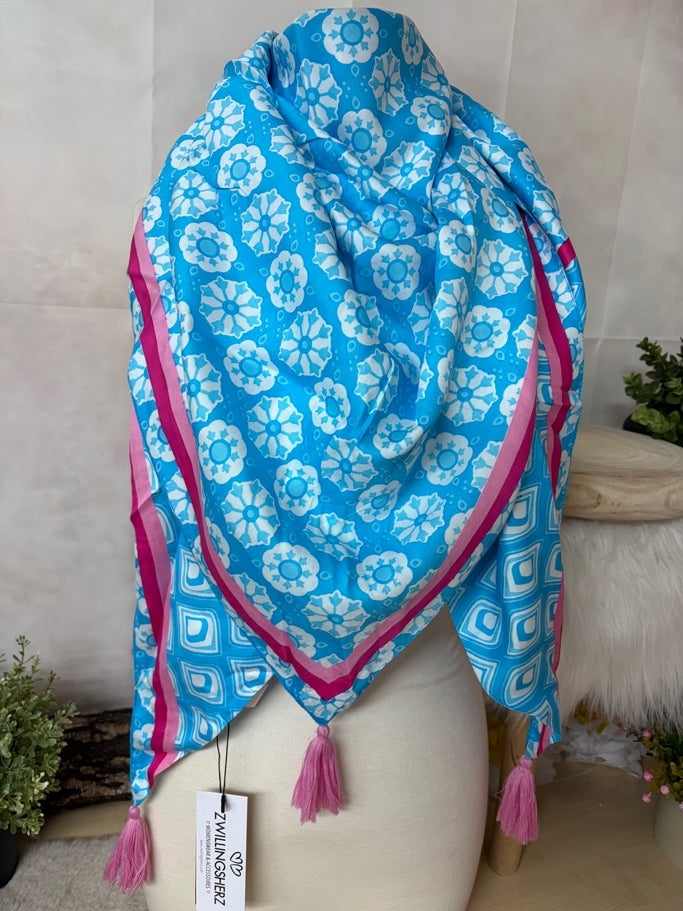 Zwillingsherz Dreieckstuch „Blaue Blumen Mit Troddeln“ – blau/rosa