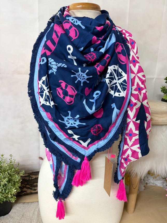Zwillingsherz Vierecktuch „Blauer Anker Mit Troddeln“ in blau/pink